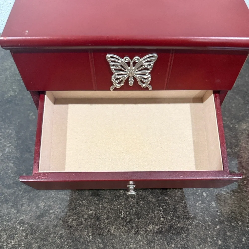 Vintage Red Jewelry Box with Butterfly Accent‎